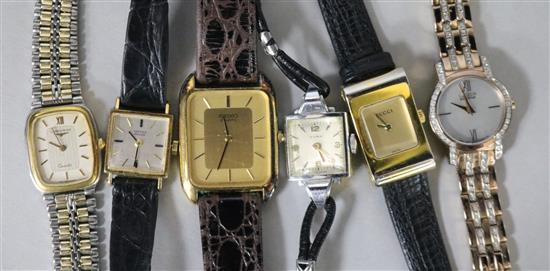 A Longines quartz ladys wrist watch, a Citizen wrist watch and 4 other wrist watches.